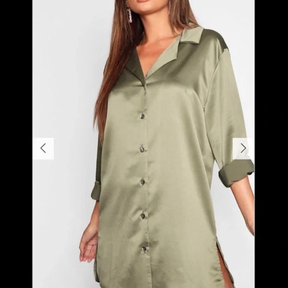 NWT NEW BOOHOO SATIN ISABEL WOVEN SHIRT DRESS AVOCADO GREEN 6